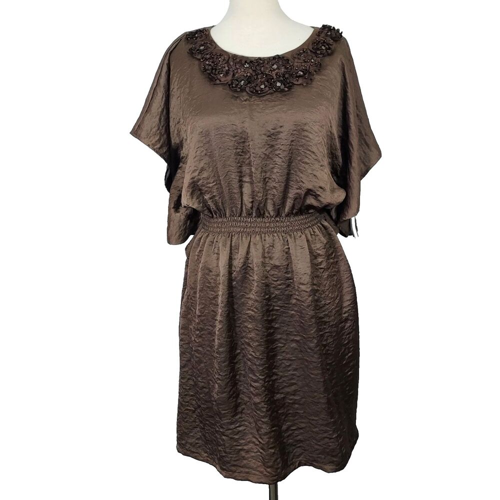 AB Studio Womens Dress Size 12 Brown Satin 3D Beaded Floral Kimono Sleeve NWT
